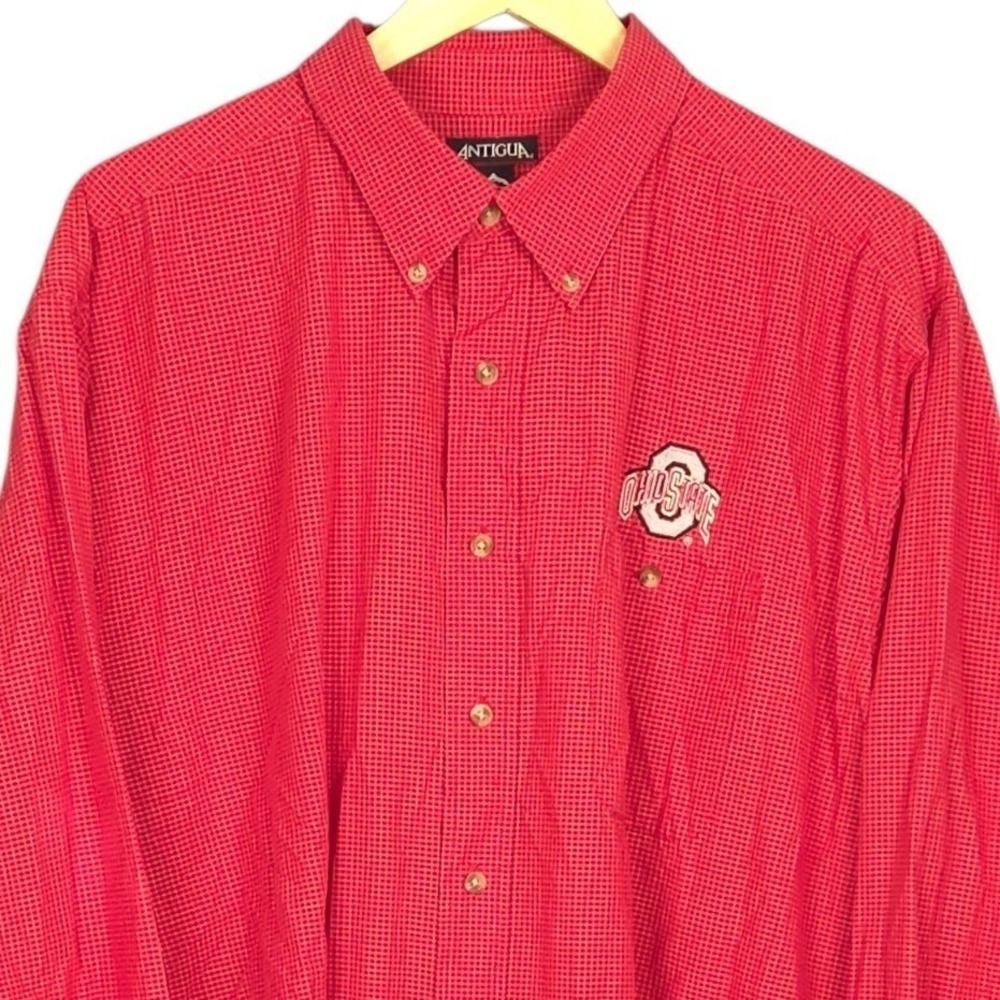 Ohio State Buckeyes Shirt Men XL Red Micro Check Button Down Long Sleeve Antigua